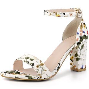 Floral Printed Open Toe Ankle Strap Chunky Heel Sandals White